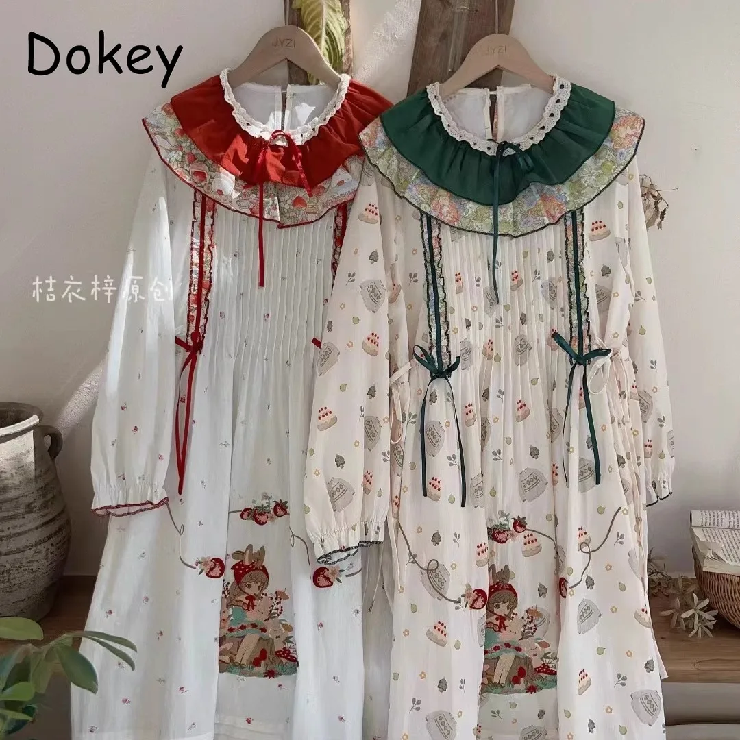 

Винтажное платье Морі с цветочным принтом, женское японское платье с рюшами на воротнике и длинными рукавами, кавайное платье, осеннее милое вечерние платья трапециевидной формы в стиле Лолиты