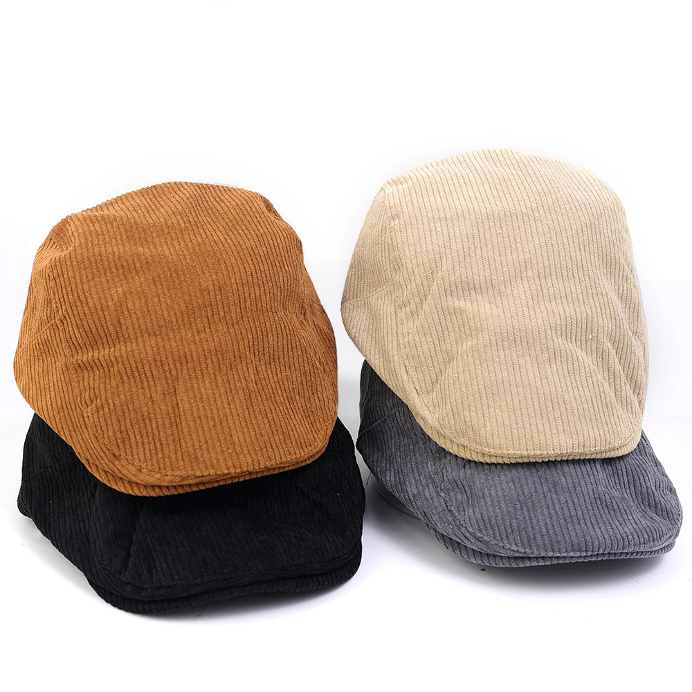 Autumn Corduroy Beret Hat for Men Sun Hats Solid Color Berets Vintage  Caps Flat Ivy Casquette Adjustable Cabbie Hat