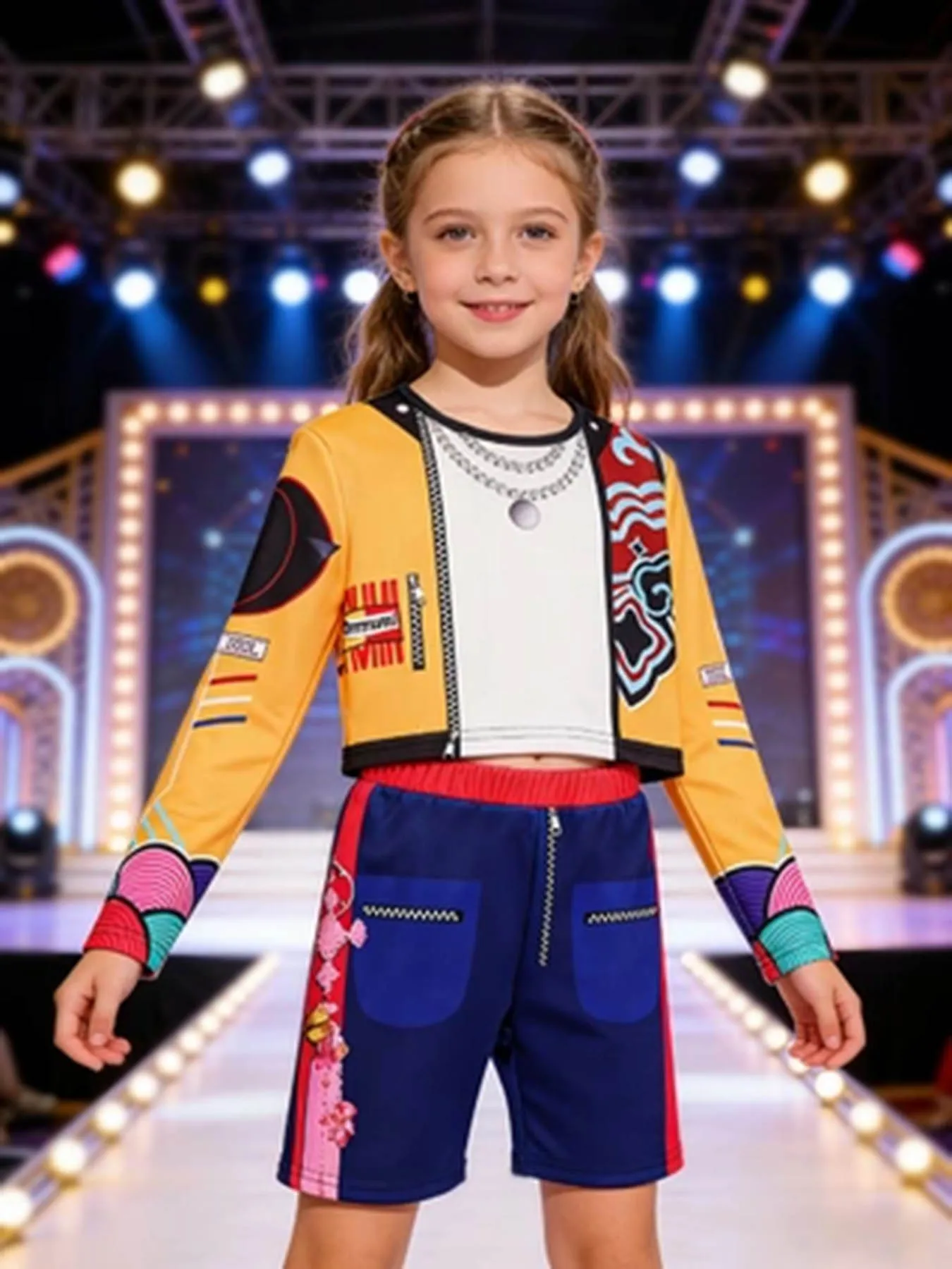 Kinder Mädchen Street-Style Fancy Cosplay-Set 3D-Druck Kurze Jacke und Shorts für Halloween, Geburtstag, Mottoparty, Rollenspiel-Outfit – Detail 1