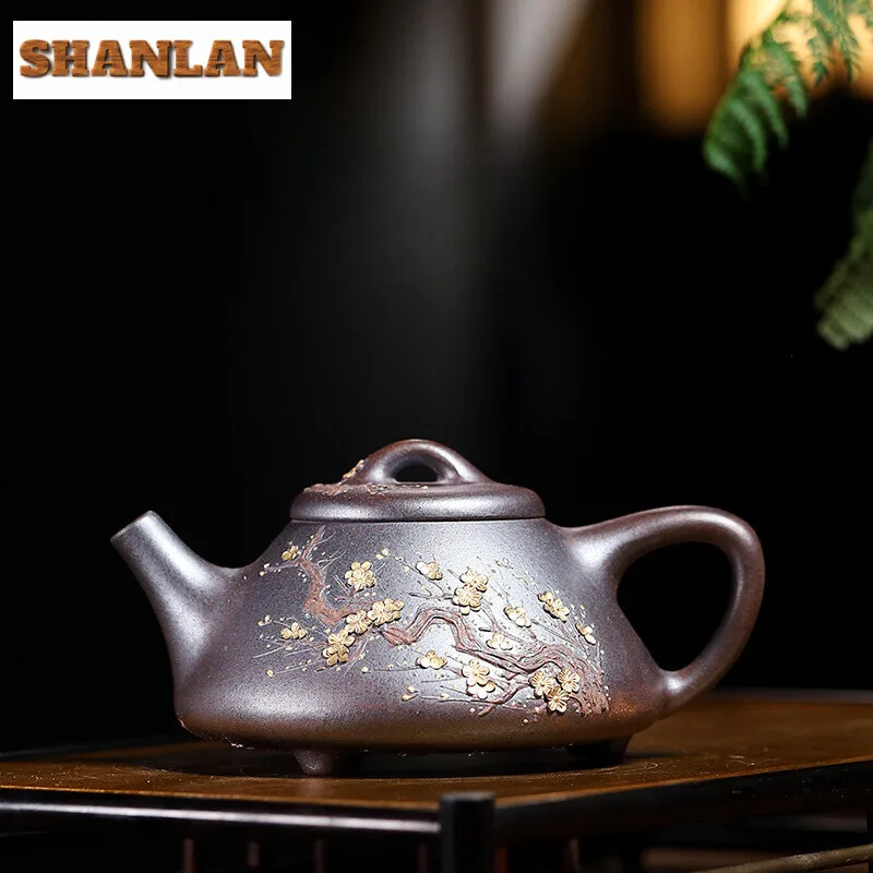 220ML Vintage Yixing Purple Clay Teapots Handmade Stone Scoop Pot Raw Ore Section Mud Tea Brewing Kettle Zisha Tea Set Ornaments