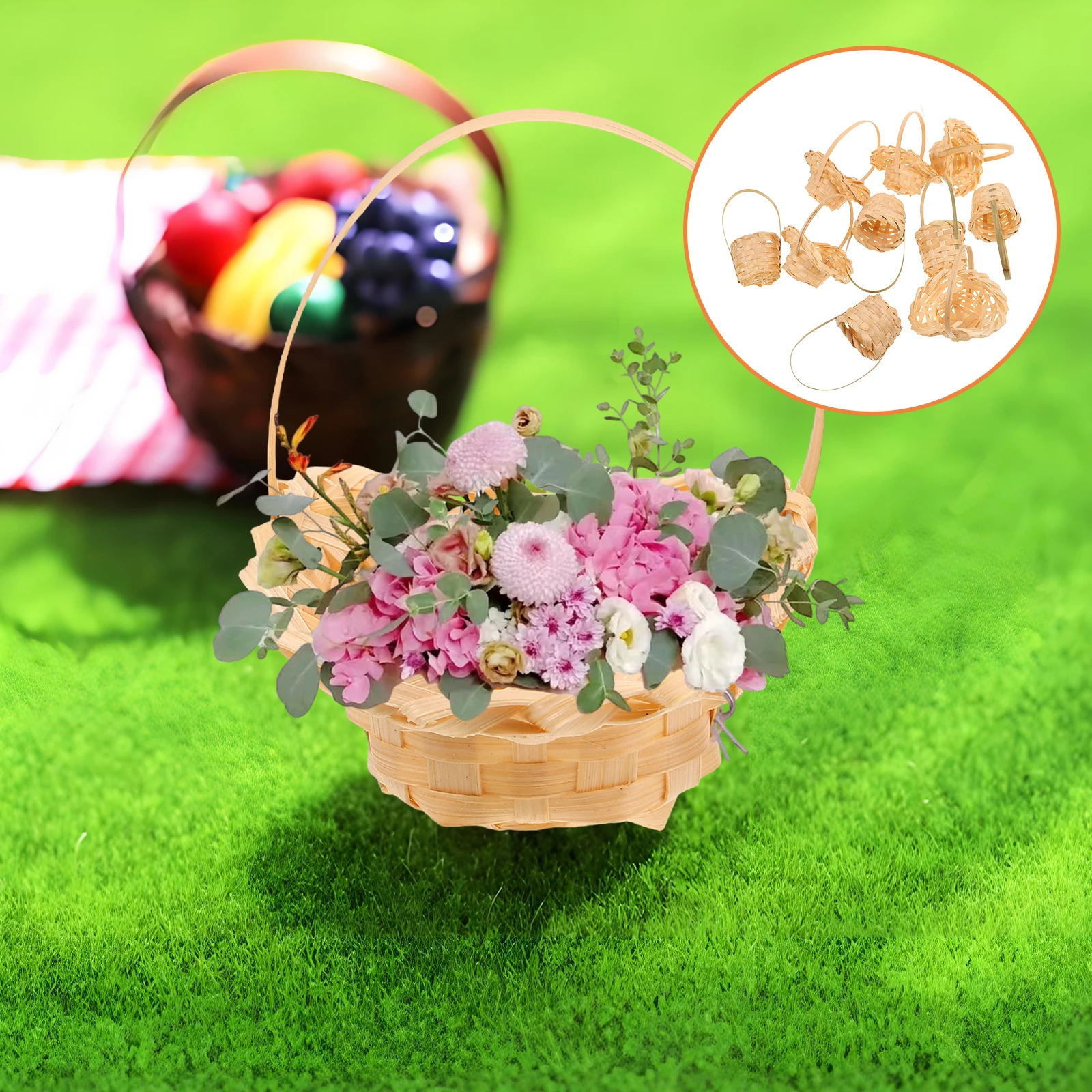

Mini Rattan Basket Dollhouse Decor Kitchen Supplies Accessories Toy Storage with Handle