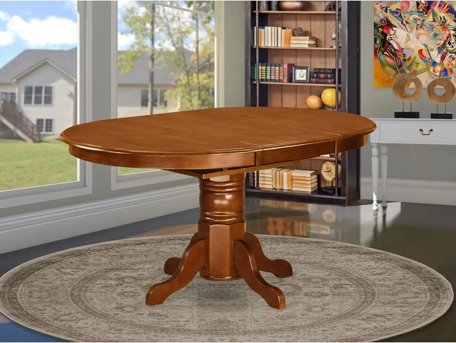 AVT-SBR-TP Avon Kitchen Dining Table - an Oval Wooden Table Top with Butterfly Leaf & Pedestal Base, 42x60 Inch, Saddle Brown