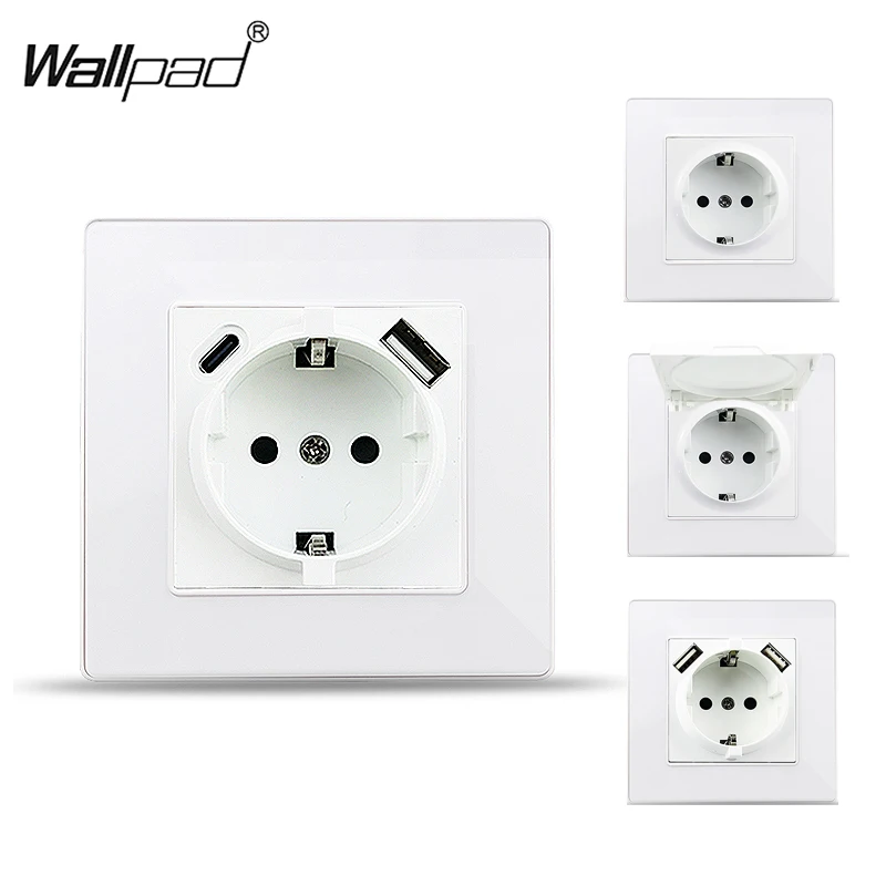 

Wallpad Round Conner Acrylic Glass Panel EU Euro Electrical Power Socket with 2 USB Type C Charger Waterproof Outlet for EU Box