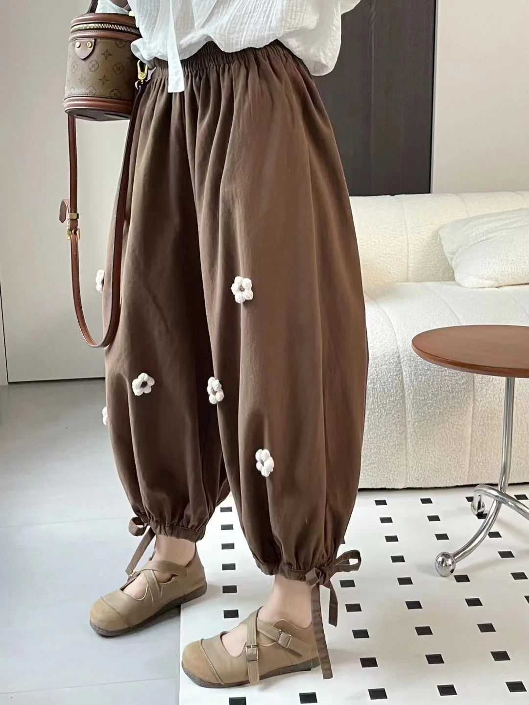 2025 신상 여름 코튼 블루머 팬츠, 여성용 밴딩 허리 3D 플로럴 패치워크, 모리걸 프렌치 빈티지 루즈핏 트라우저 B57886CC