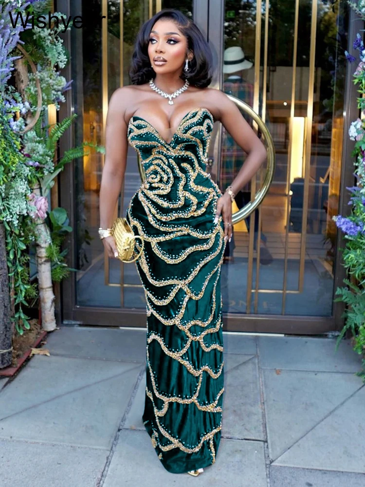 

New Luxury Elegant Wedding Evening Guests Sequined Strapless Green Long Dress Women Sexy Sleeveless Birthday Party Prom Clubwear