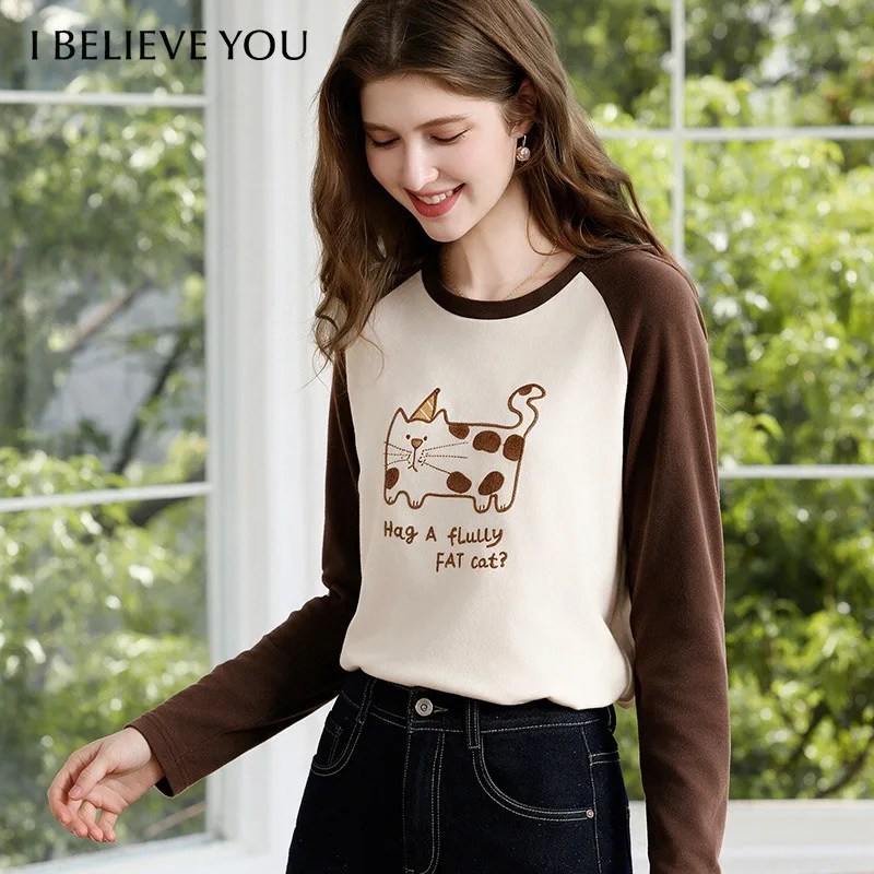 I BELIEVE YOU Color Block Raglan Long Sleeve T-shirt Autumn Cute Cat Embroidery Stretch Tees Slim Casual Basic Top 2263016420