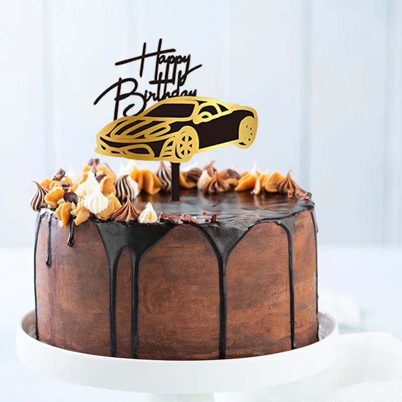 Motorbike Happy Birthday Cake Topper Acrylic Gold Black Car Motorcycle Cake Topper for Boy Man Birthday Party Cake Decorations