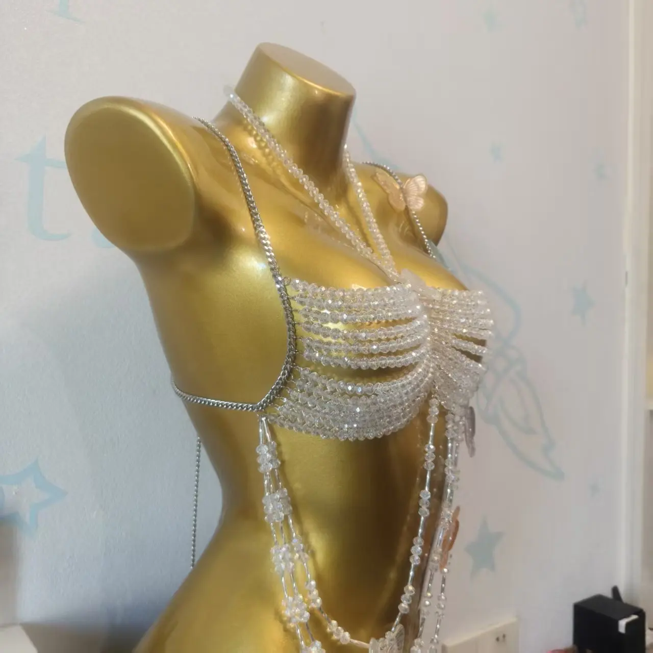 Modisches handgefertigtes Perlen-Schmetterlings-Brustketten-Tanktop für Damen – sexy Körperkette für Sommer, Strand, Musikfestival und Party