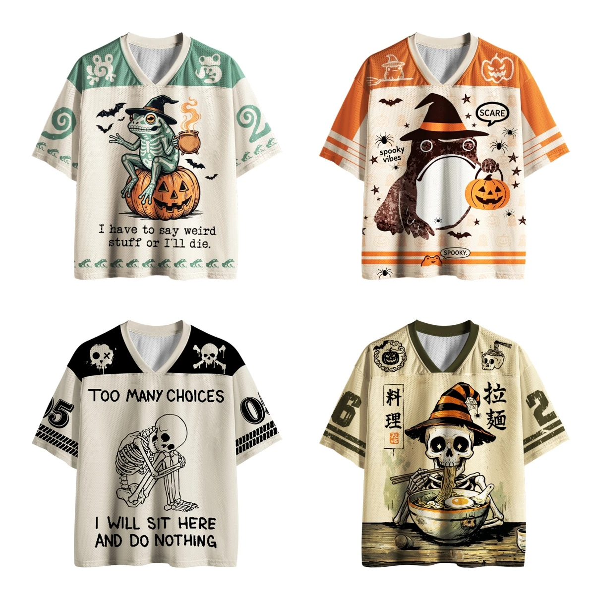 2026 Hotsale Spooky Cute Halloween Jersey Bundle,4 Styles Frog & Skeleton Graphic Unisex V-Neck Sports Tee, Halloween Streetwear