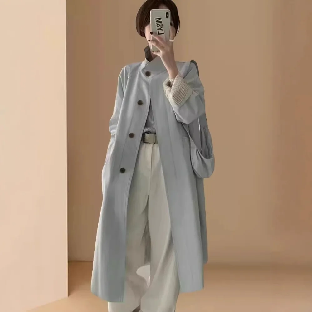

SuperAen 2025 весенне-осенний новый Тренч в корейском стиле с длинным воротником-стойкой, модные повседневные женские элегантные однотонные свободные пальто