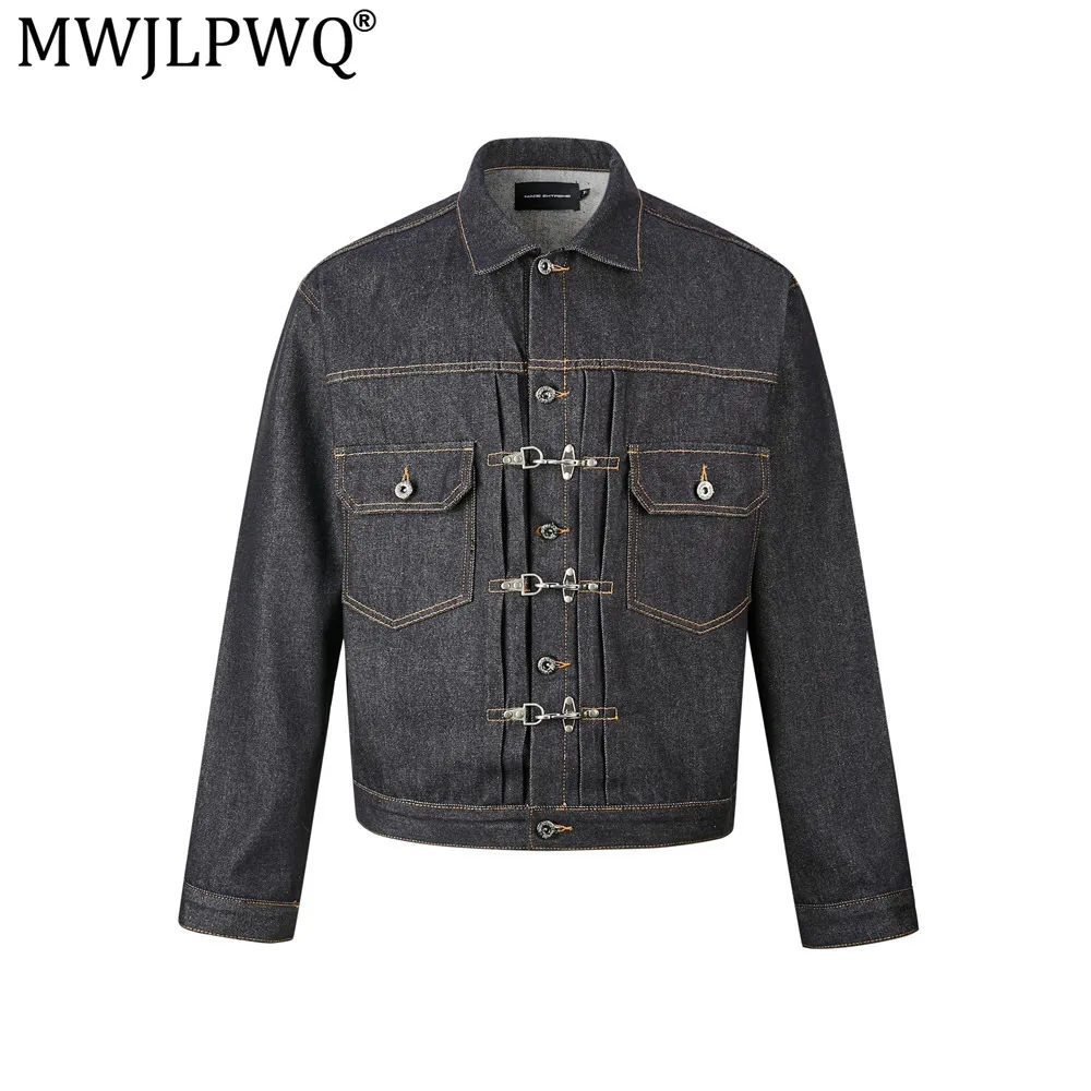 MWJLPWQ Metal Buckle Design Denim Jacket For Men Spring Autumn Vibe Trendy Pleated Stitching Niched Design Casual Tops 17582