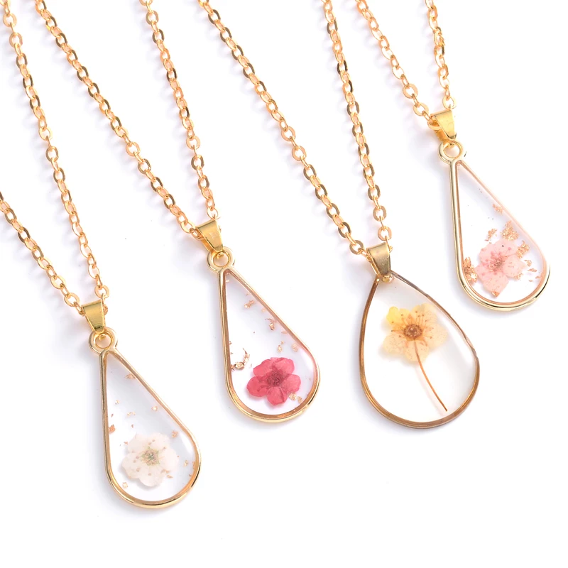 1Piece Water Drop Flat Preserved Fresh Petal Plum Acrylic Charms Daisy Dried Flower Epoxy Resin Pendant Alloy Chain Necklace