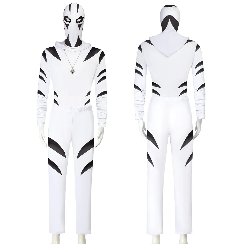 

White Tiger Cosplay White Hoodie Pant Mask Tight Necklace Full Set Fantasy Devil Villain Hector Ayala Costume Hallowen for Men