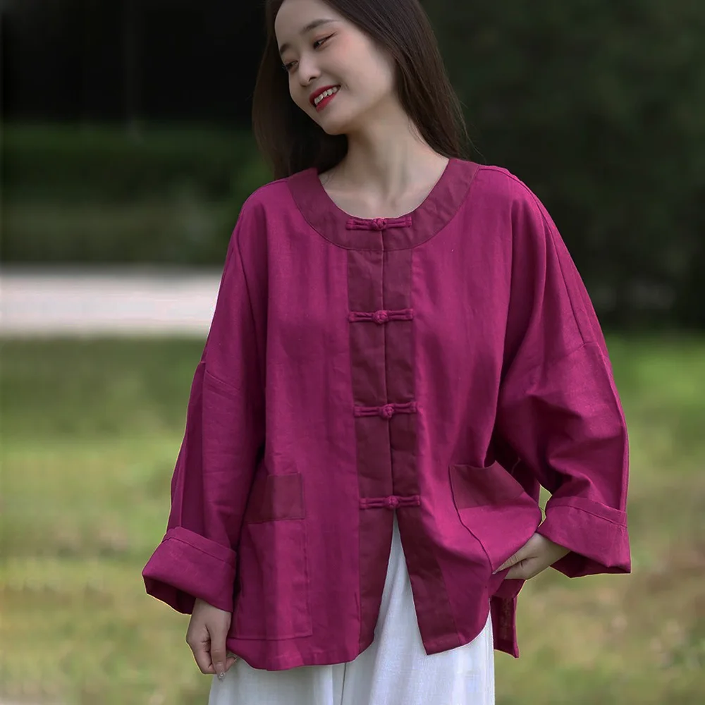

Original Cotton Linen Splicing Chinese Frog Button Blouse Ladies Literary Vintage Jacket Loose Version Big Shirt With Pockets