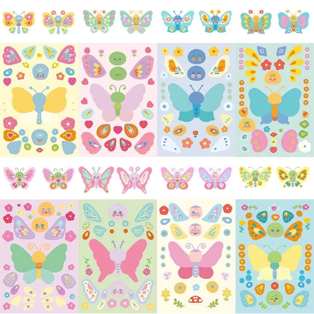 32Sheets Children DIY Puzzle Stickers Cartoon Colorful Butterfly Face Assemble Stickers Luggage Bike Phone Kids Boys Girls Toys