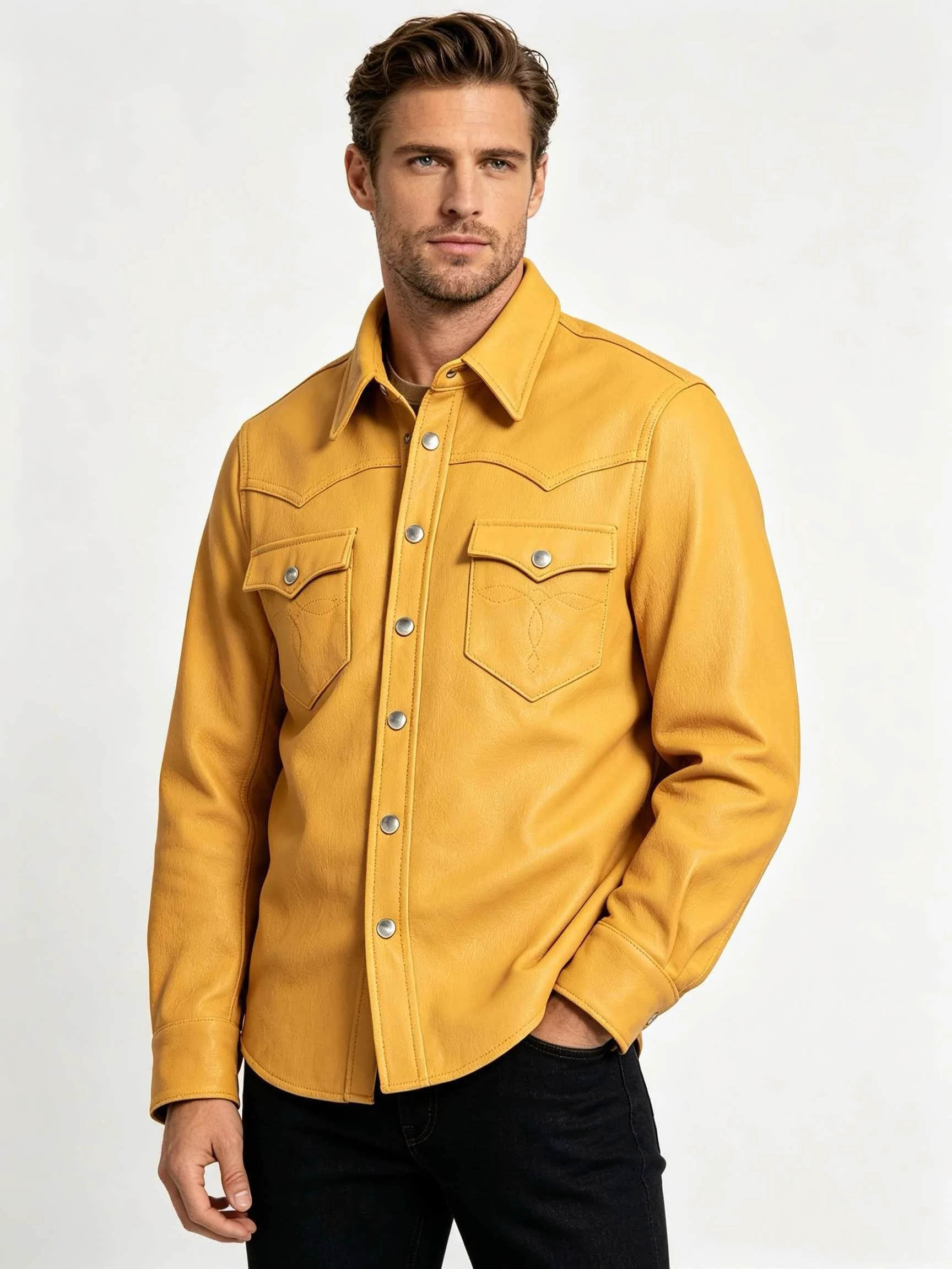 Men's Genuine Goatskin Leather Western Shirt Jacket Mustard Yellow Sawtooth Pockets Pearl Snap Buttons Cowboy Style Lightweight