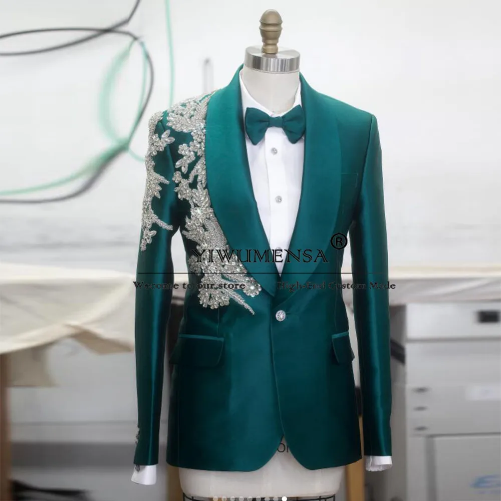 

Luxury Jewelry Ornament Appliques Green Suits Men For Wedding Shawl Lapel Jacket Pants 2 Pieces Grooms Tuxedos Costume Homme