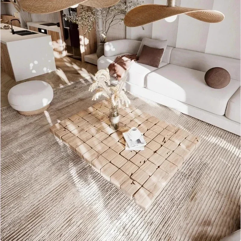 

Solid wood square coffee table, original wood block splicing personalized coffee table, wabi-sabi designer decorative sofa