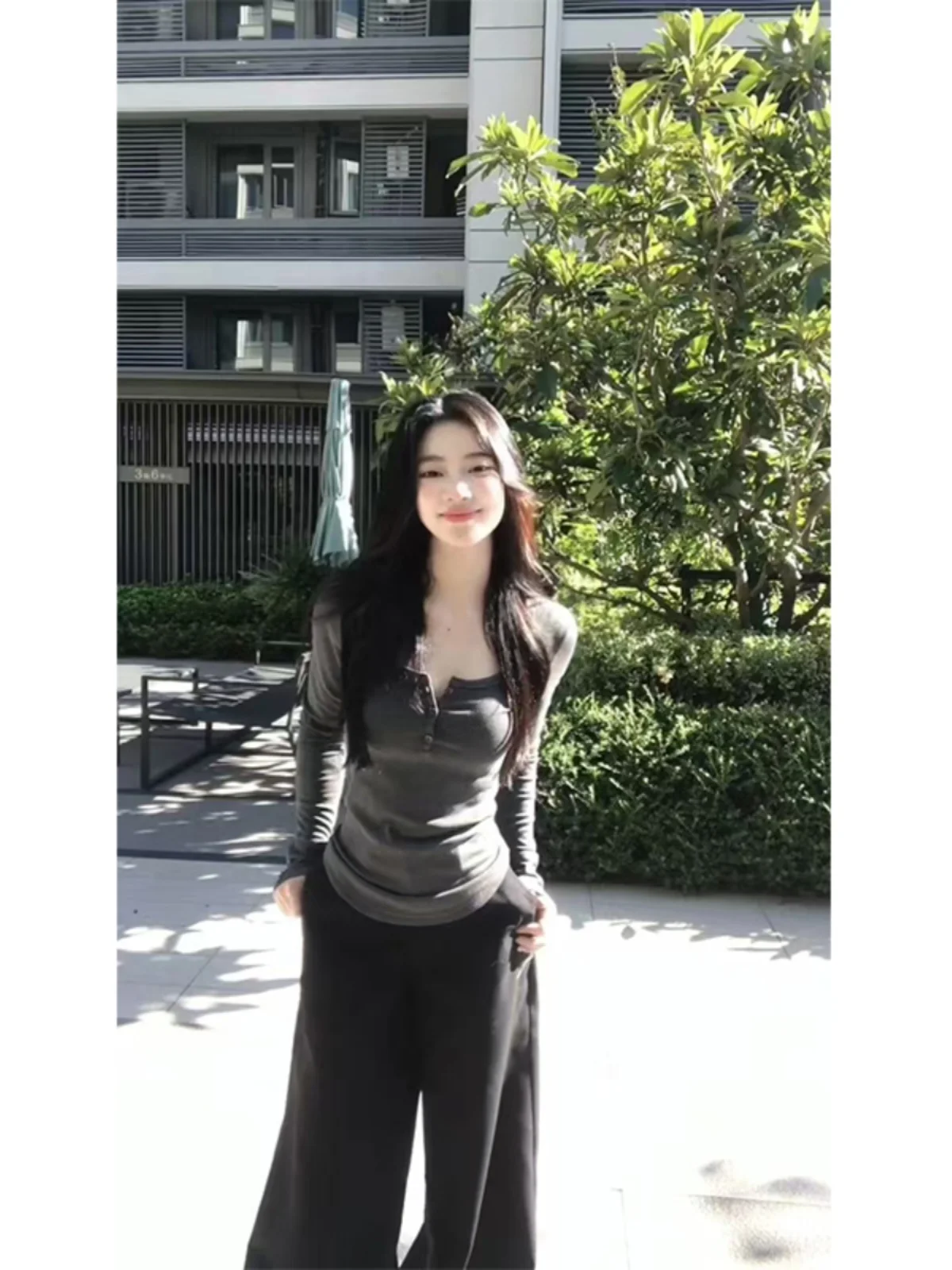 Dopasowana koszulka z długim rękawem, dekolt w kształcie litery U, damska, wiosenno-jesienna, styl uliczny, mieszanka bawełny, podstawowa koszulka, designerska, czuła, codzienna...