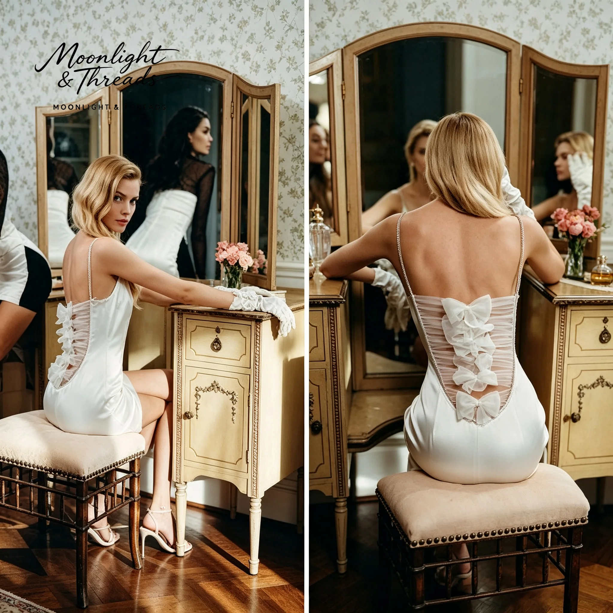 Lace-covered strapless racerback mini skirt for formal occasions and wedding gowns with a thin lace bow design at the back