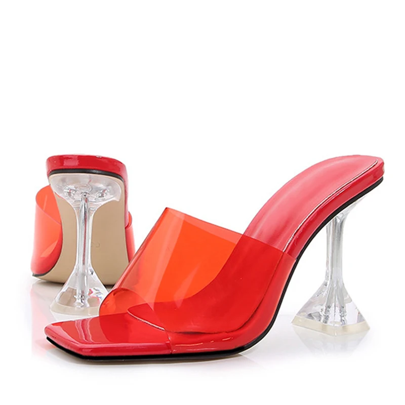 Liyke 2024 New Transparent Crystal Clear Heels Women Slippers Candy Color PVC Shoes Female Mules Slides Summer Sandals Size 46