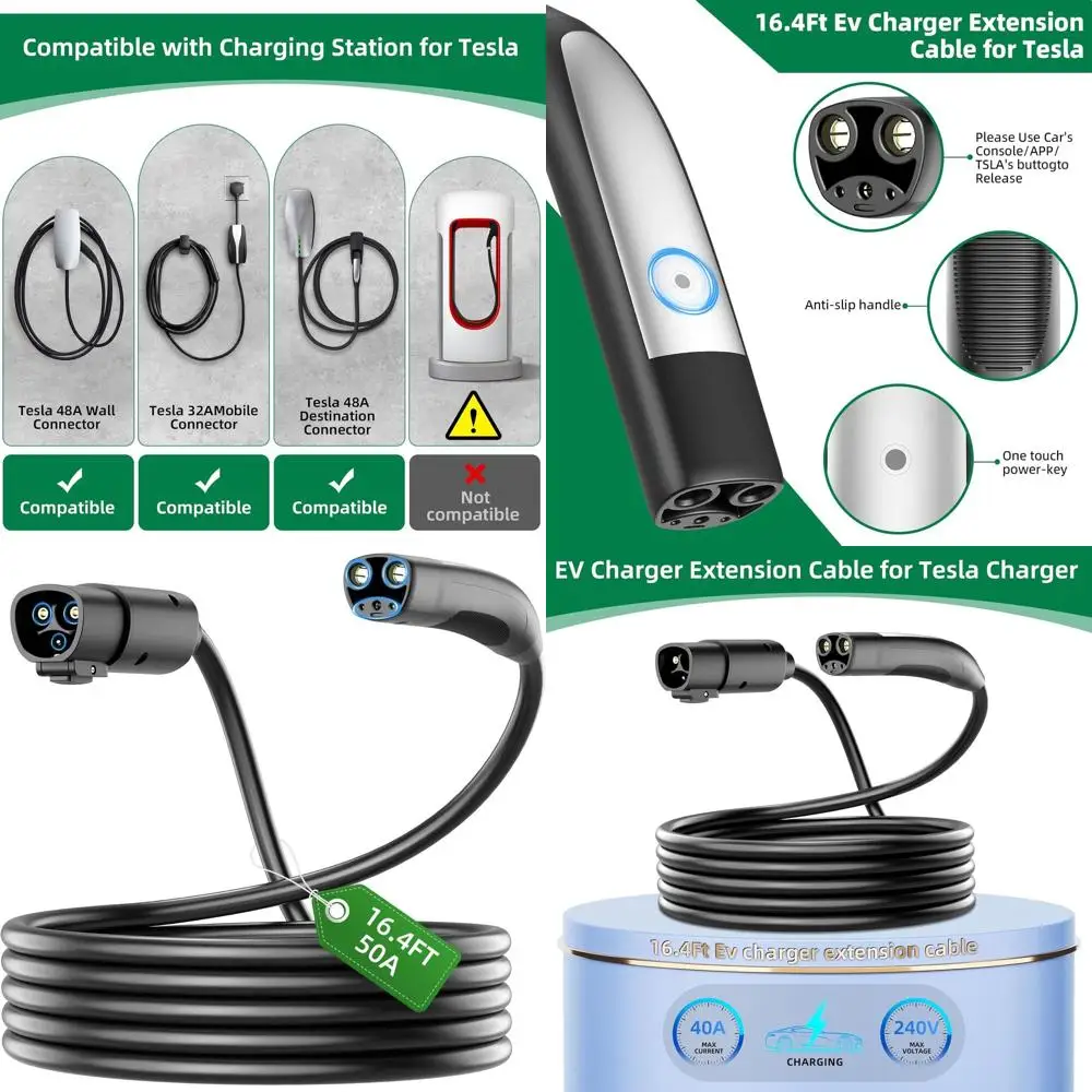 

Удлинительный кабель для Tesla с вилкой NACS, совместимый с моделью Y/X/3/S, удлинитель EV длиной 16,4 фута, 240 В до 50 А для уровня 1 и 2