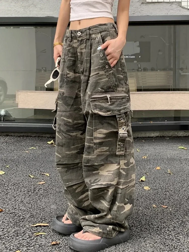 

Women Jeans Fashion American Vintage Camouflage Streetwear Military Green Wide Leg Jean Female Denim Trouser Baggy Denim Pants