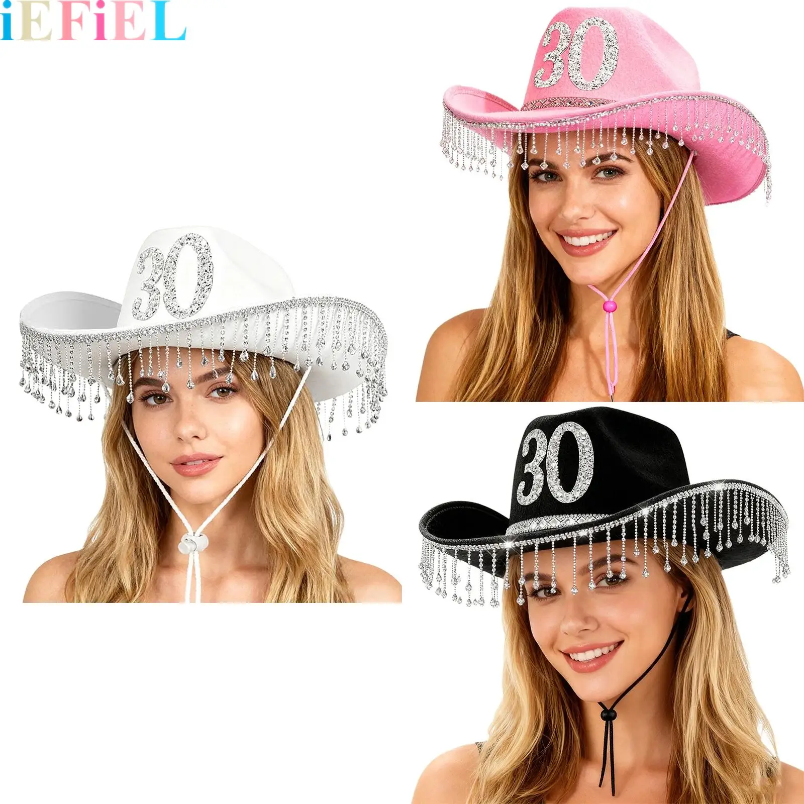 

Women Tassel Western Hat Glitter Rhinestone Decor Cowboy Hat 30 Years Old Birthday Cowgirl Hat