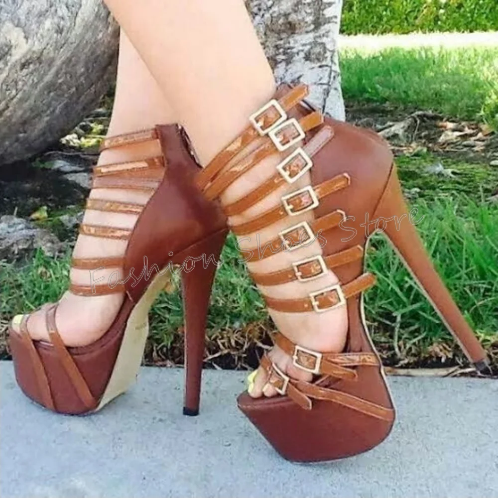 브라운 버클 장식 플랫폼 샌들 Stilettos 하이힐 여성을위한 하이힐 신발 패션 힐 2025 New Zapatos Para Mujere