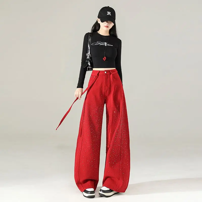 Red Vintage Rhinestone Wide Leg Jeans Women High Waist Curved Drape Denim Pants 2026 Spring Fashion Streetwear