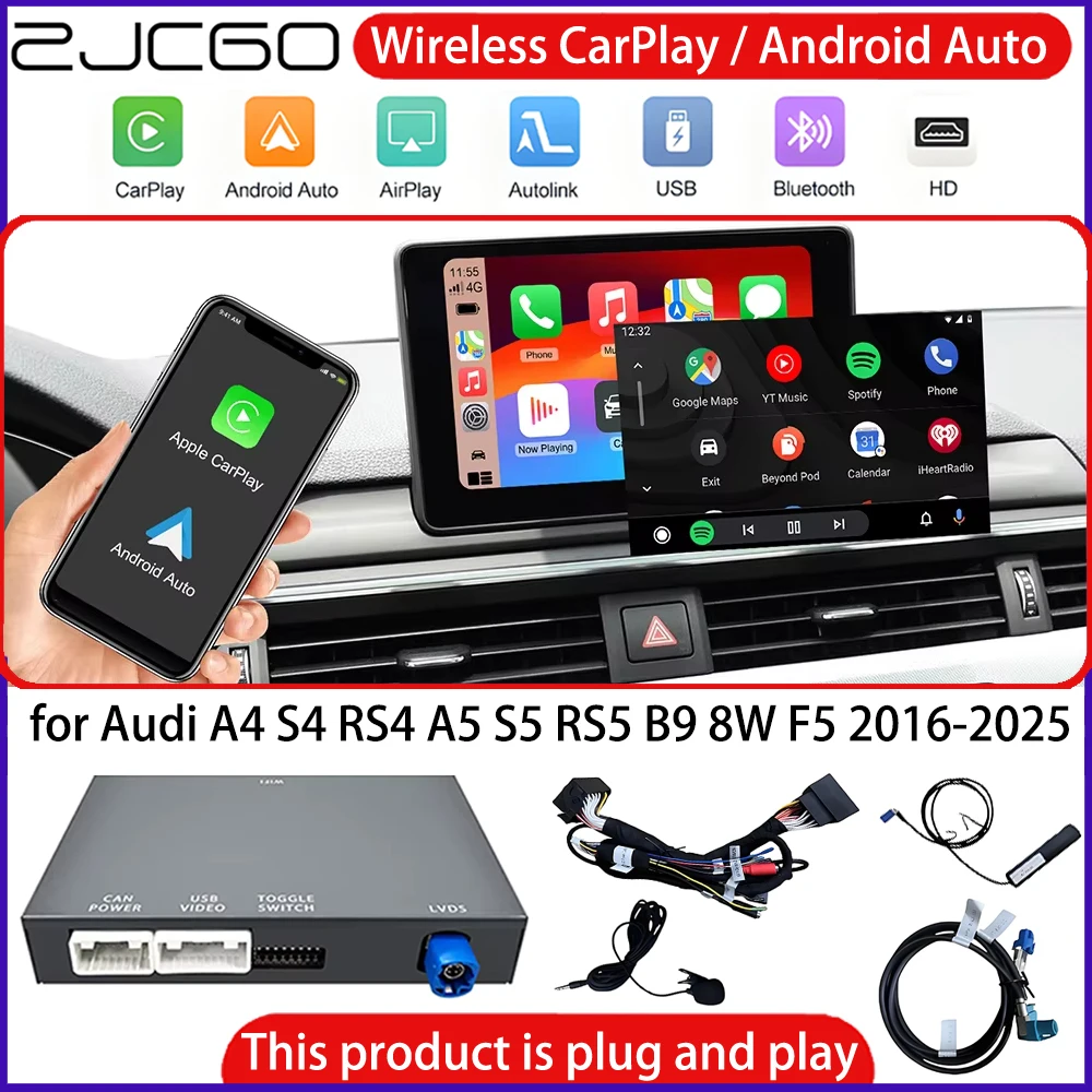 Wireless CarPlay Android Auto Interface Decoder for Audi A4 S4 RS4 A5 S5 RS5 B9 8W F5 2016-2025 Factory Radio Upgrade Plug＆Play