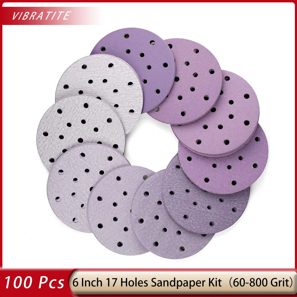 100 Pcs 6 Inch 17 Hole Kit, Contains 40-800 Grit Professional Sandpaper, Hook & Loop Random Orbital Sander Round Sandpaper