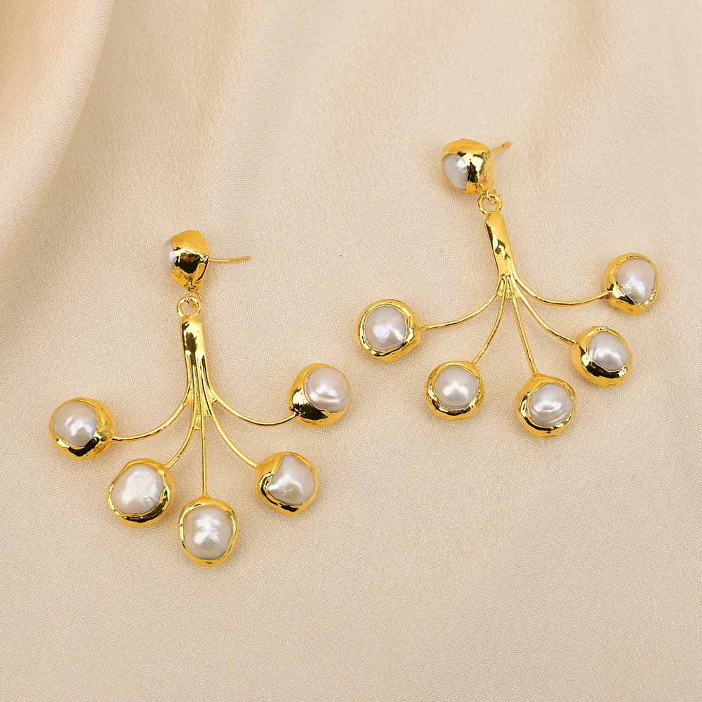 G-G Big Cultured White Keshi Pearl Gold Plated Pearl Stud Dangle Earrings Gifts For Lady