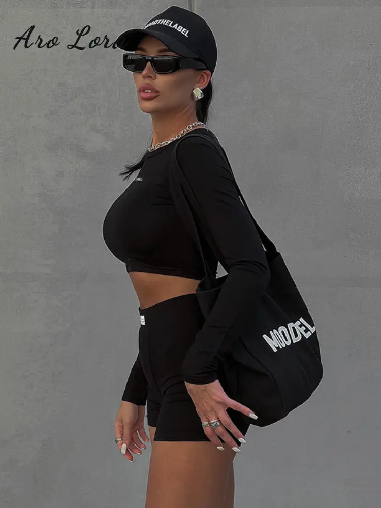 White Letter Print 2 Two Piece Sets Tracksuit Women Matching Set 2022 Black Knitted O Neck Long Sleeve Slim Tops and Shorts Set