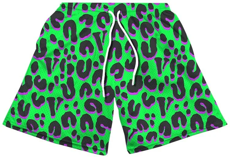 

2026 New Neon Green Black Purple Leopard Print Mens Shorts Elastic Waist Running Workout Gym Sports Male Casual Shorts