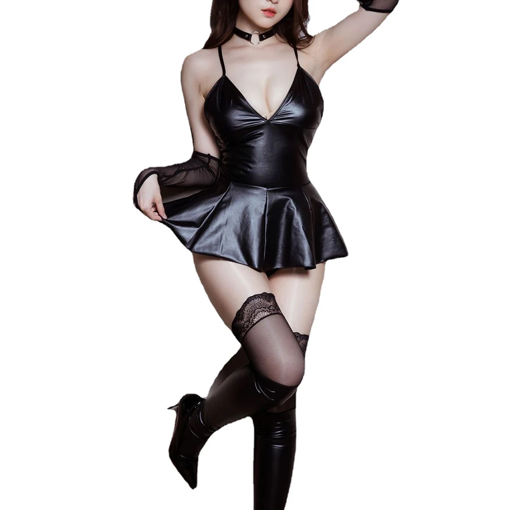 Sexy Women Black PU Leather Bodycon Short Dress Women's Spaghetti Strap Mini Skirt For Lingerie Club Wear Tight Skirt