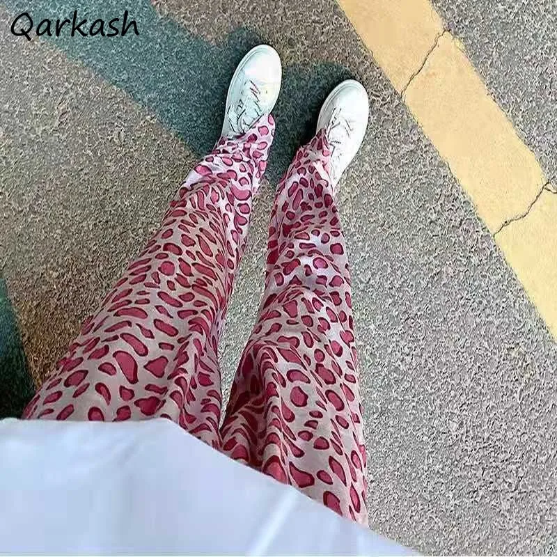 Pink Leopard Pants Women New Trendy Loose Full Length Niche Design Elastic Waist Ladies Clothing Spring Breathable Side-slit