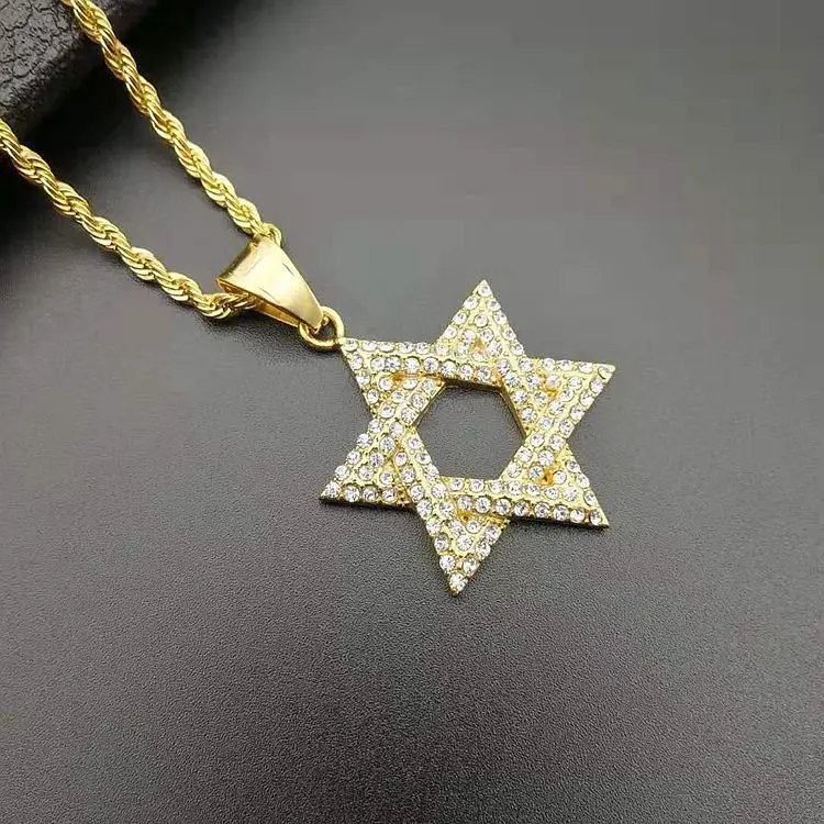 New 1pcs Hip Hop Rhinestone Gold Color Stainless Steel Necklaces Jewish Star Of David Hexagram Pendant Necklace For Men Rapper