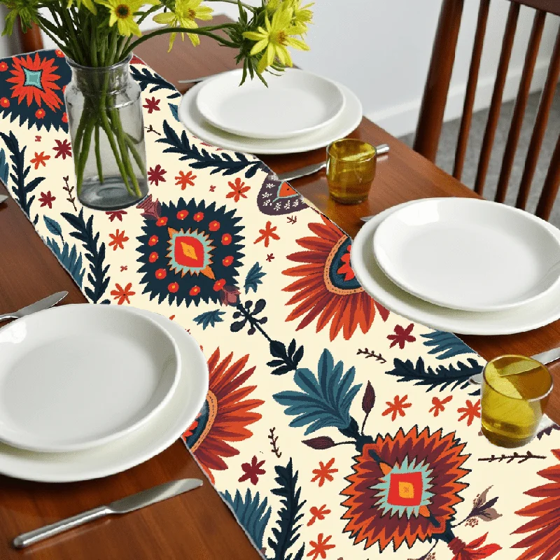 Boho Ethnic Floral Table Runner, Retro Sunflower Plant Print, Bohemian Long Strip Decor for Dining Room Living Room