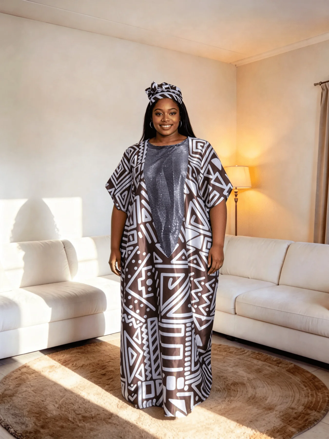 

African Plus Size Women Dress Traditional Abaya with Scarf Silk Loose Style