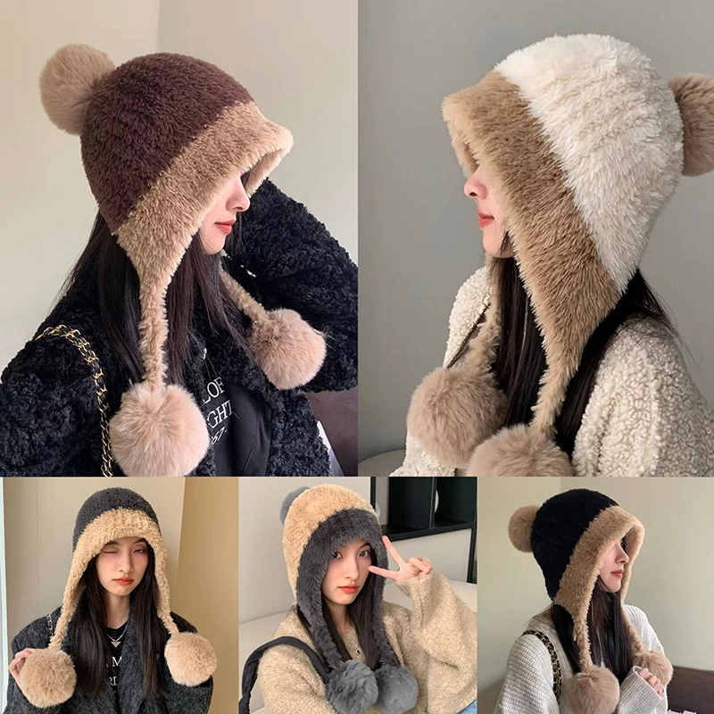 ふわふわぬいぐるみ女性ビーニーキャップ冬暖かいビッグポンポンニット耳保護帽子防風雪スキー女性イヤーマフキャップ