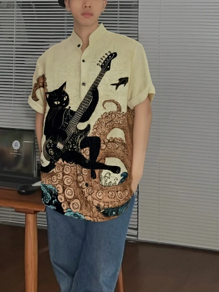 Men's Black Cat Playing Guitar In The Waves Art Print Casual Shirt Japanese Holiday Retro Style Man Bohemian Stand Collar Tops