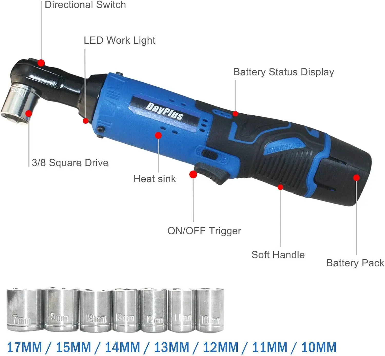 Cordless Ratchet Wrench Tool Kit 3/8" Square Drive 12V Power Electric Tools with 2pcs 1500mAh Batteries Fast Charger 7Pcs