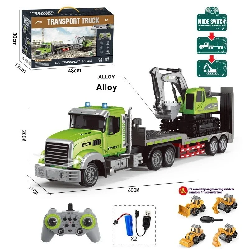 원격 제어 합금 자동차 RC 세미 트레일러 트럭 큰 전자 시뮬레이션 차량 음악 LED 충전식 RC 엔지니어링 자동차 아이 장난감
