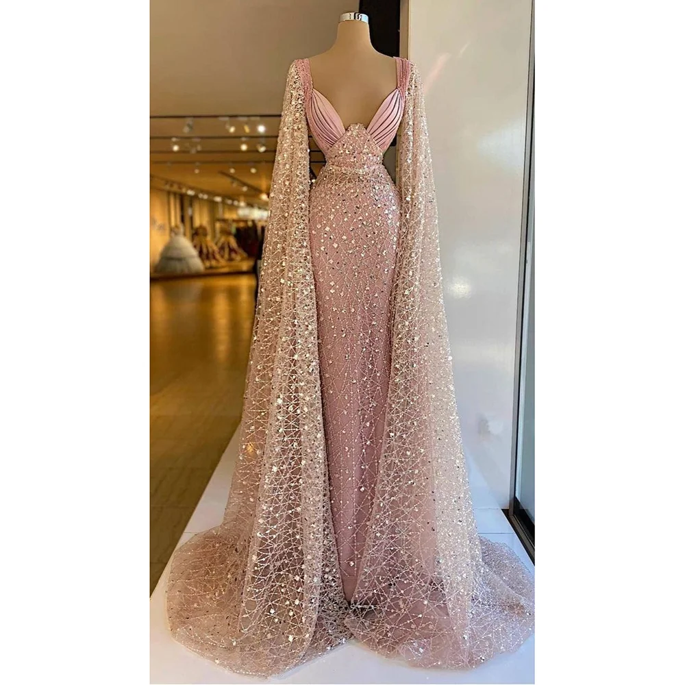 

Luxury Pink Pearl Embroidered Long Sleeves Evening Dress New Fashion Female Floor Length Party Prom Gowns