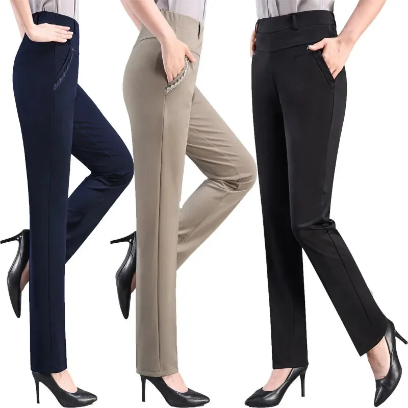 Spring Autumn Middle-Aged Elderly Women Mothers Pants High Waist Casual Pants Elastic Loose Straight Upper Grade Female Trousers