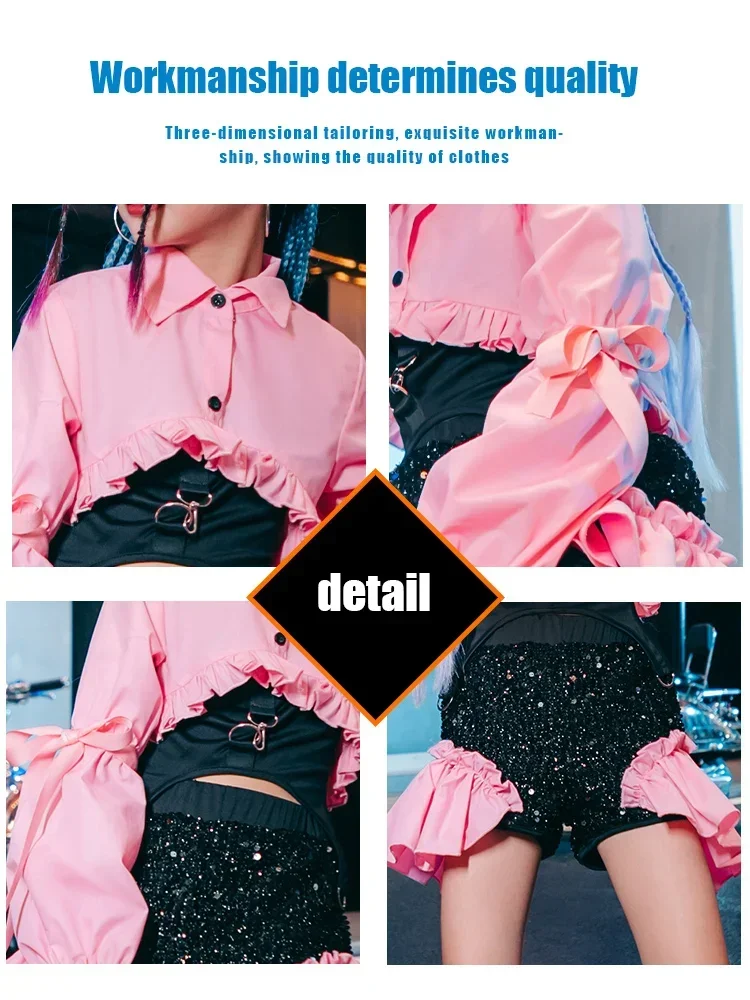 ZZL K-POP Outfit Urban Dance Girl Clothes Hip-hop Pant Pink Glitter Sparkly Clothing Jazz Costumes Runway Performance Wear