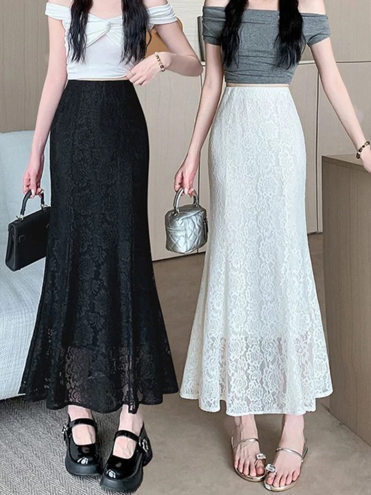 

Французская кружевная юбка-«рыбий хвост» для женщин, летняя новинка, с завышенной талией, стройнящая, облегающая, А-силуэт, длинная юбка.