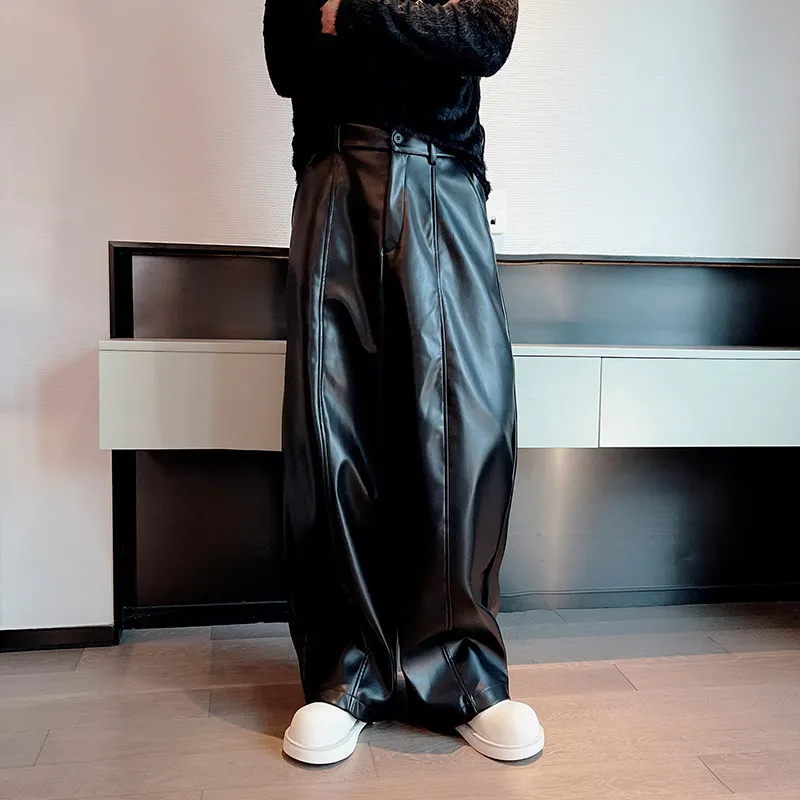 

Fall Winter Men's PU Leather Pants Casual Straight Leg Thiened Loose Fit Motorcycle Dra Sense Cool Sle Trousers