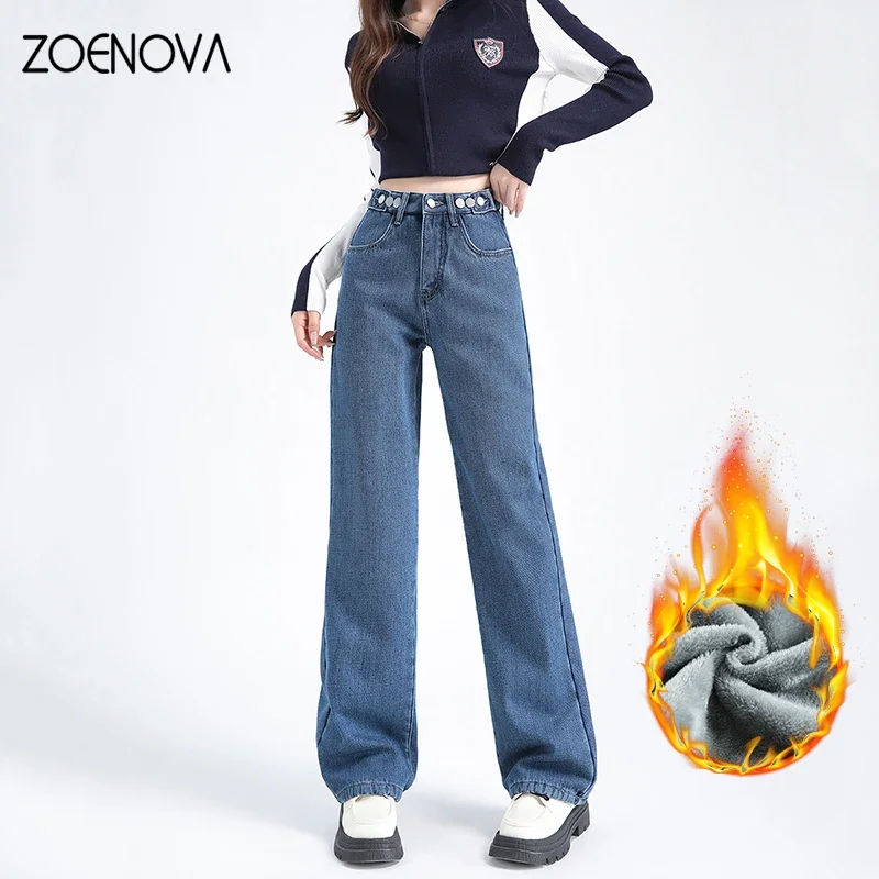 Zoenova Warm Y 2K Vrouwen Jeans Herfst Winter Fluweel Dikke Rechte Jean Jean Hoge Taille Losse Wollen Fleece Moeder Mode Broek